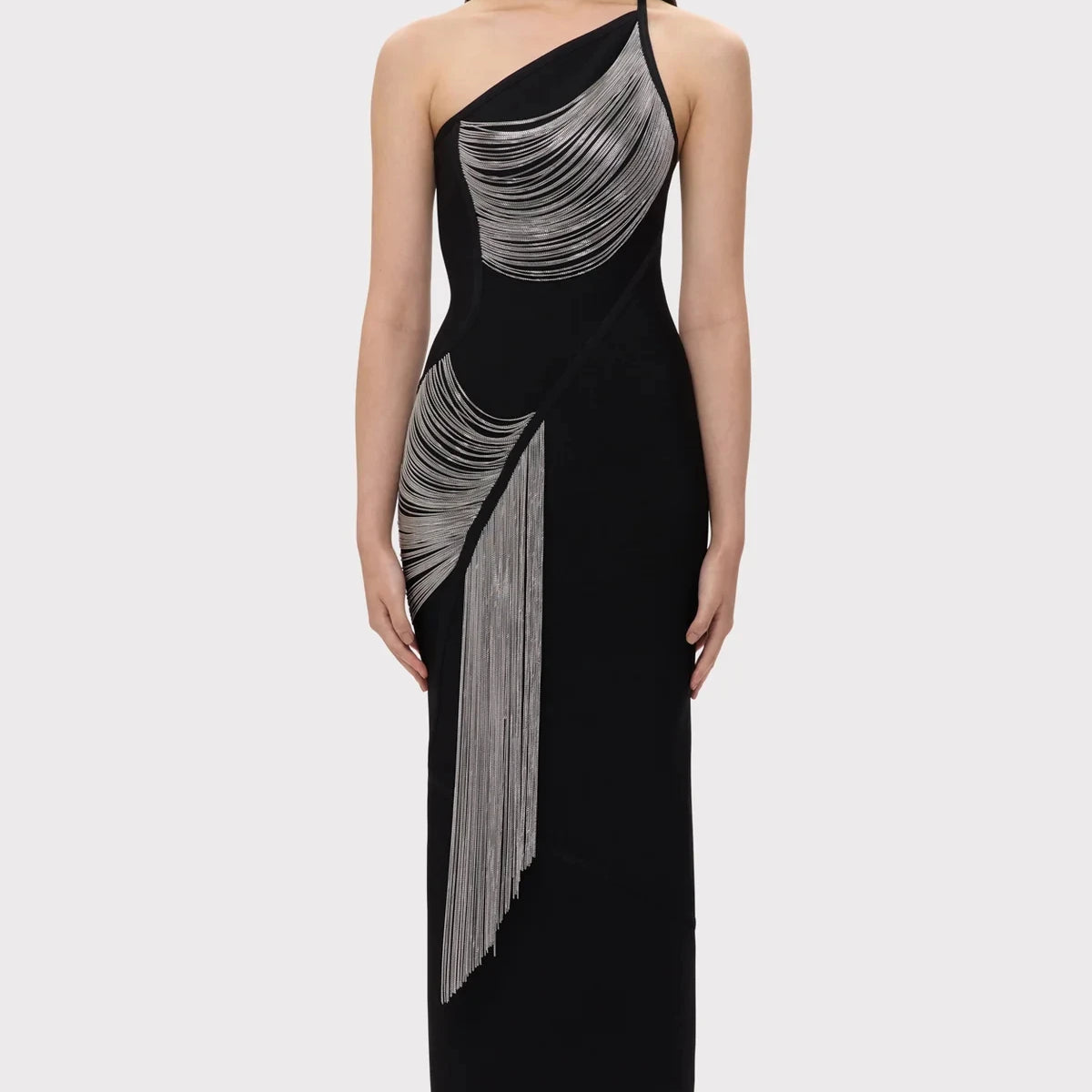 New Arrival Women Sexy Halter Off the Shoulder Silver Tassels Bodycon Long Bandage Dress Evening Party Celebrate Cocktail Wear