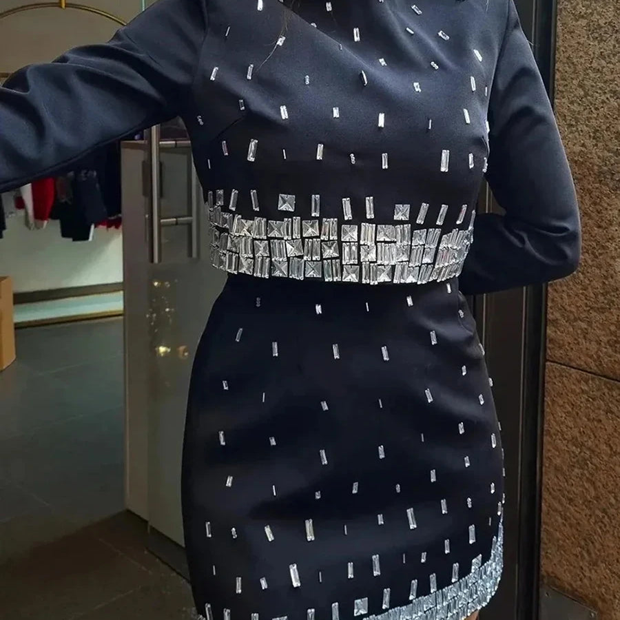 TWOTWINSTYLE Solid Slimming Spliced Bead Two Piece Sets for Women Round Neck Long Sleeves Short Top High Wasit Skirt Set Female