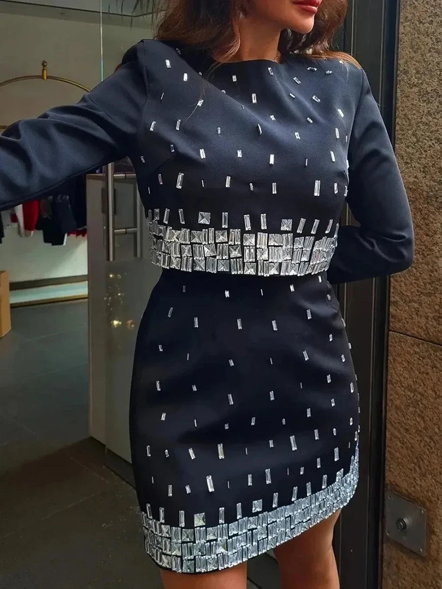 TWOTWINSTYLE Solid Slimming Spliced Bead Two Piece Sets for Women Round Neck Long Sleeves Short Top High Wasit Skirt Set Female