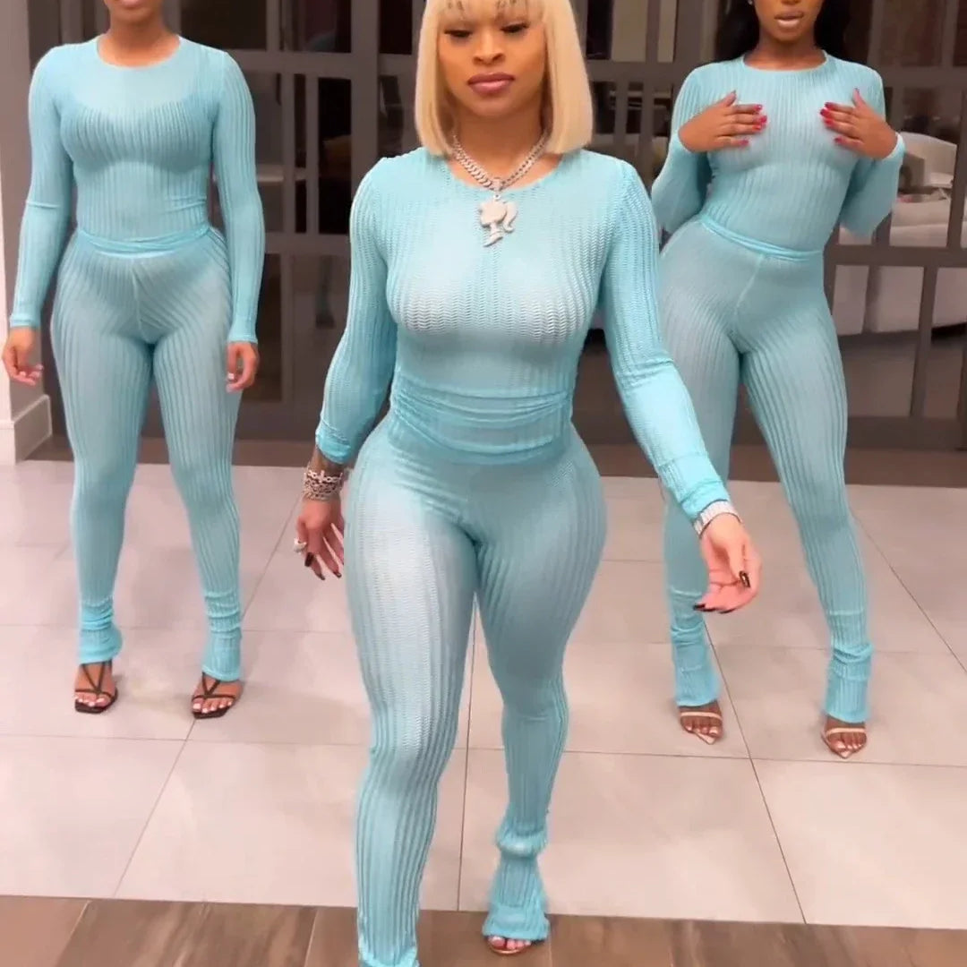 CM.YAYA Fashion See Though Women's Set Long Sleeve T-shirt and Flare Pants 2024 Active Street Two 2 Piece Sets Outfits Tracksuit Light Blue