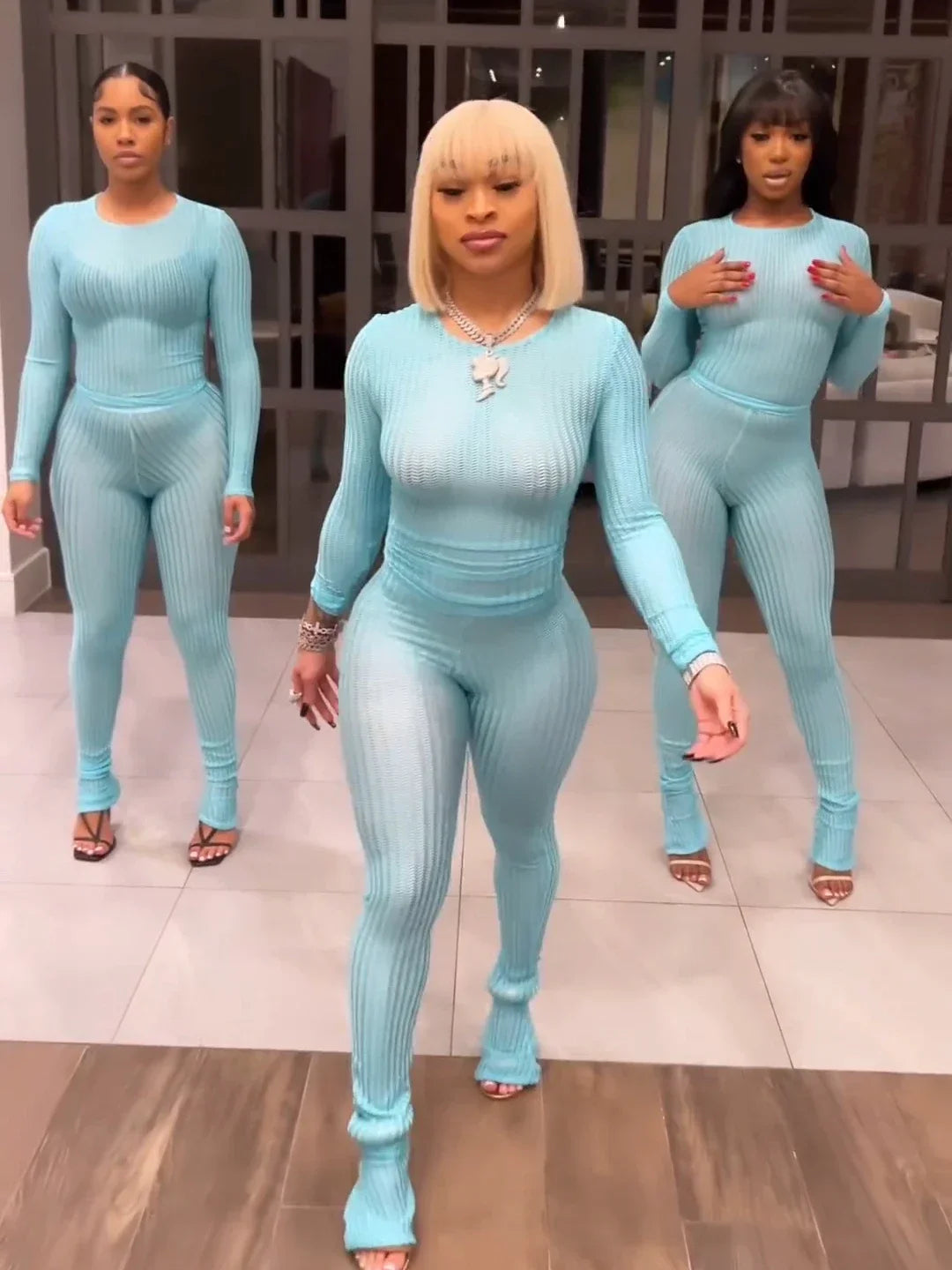 CM.YAYA Fashion See Though Women's Set Long Sleeve T-shirt and Flare Pants 2024 Active Street Two 2 Piece Sets Outfits Tracksuit Light Blue