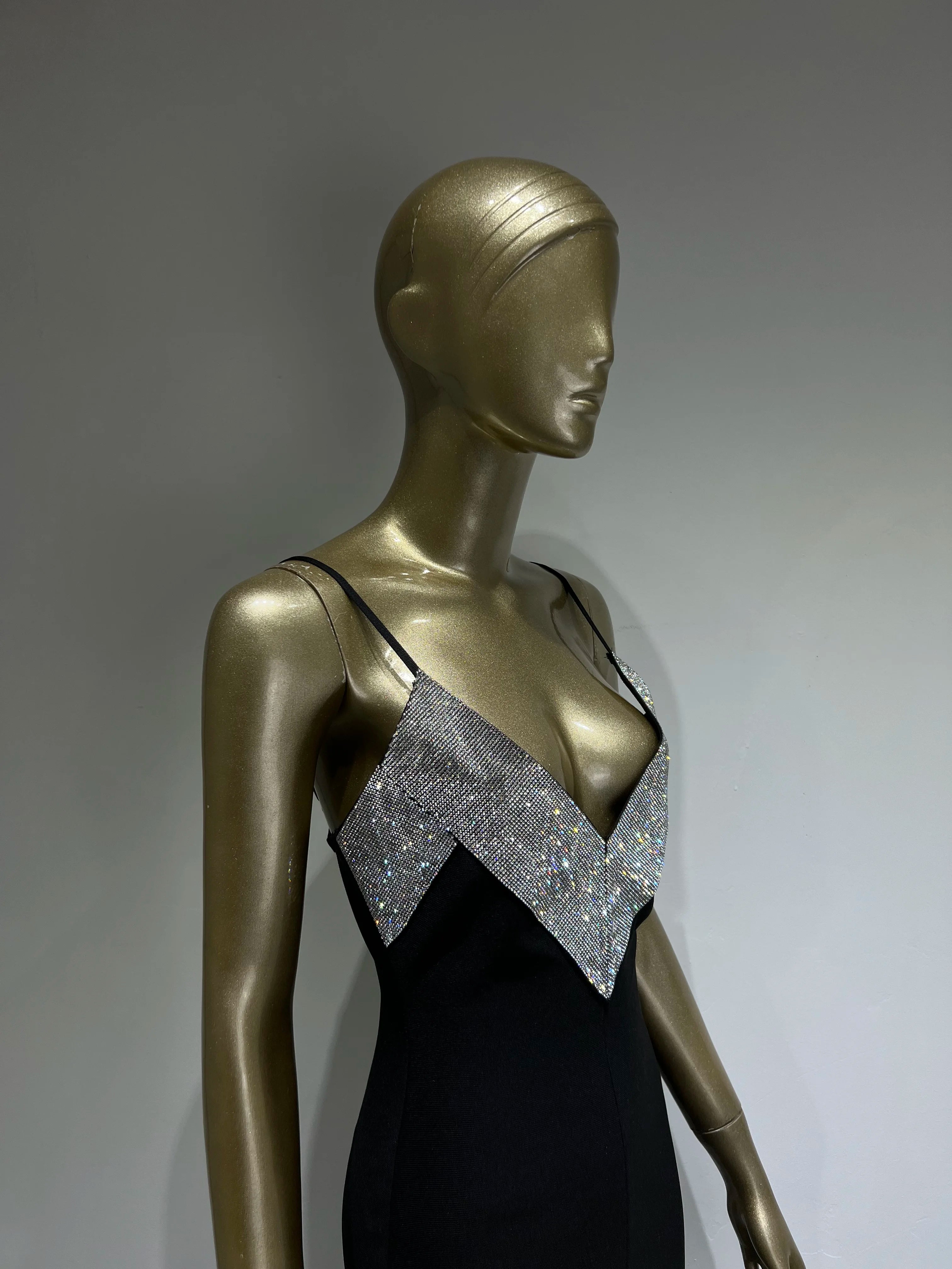 Women Summer Sexy V Neck Backless Crystal Black Diamonds Maxi Long Bandage Dress 2023 Knitted Elegant Evening Club Party Dress