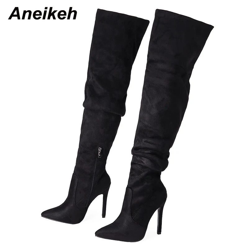 Women's Fashion Trend Pointed Toe Thin Heel Over Knee Boots Spring/Autumn Flock Splicing Side Zipper Chelsea Boots