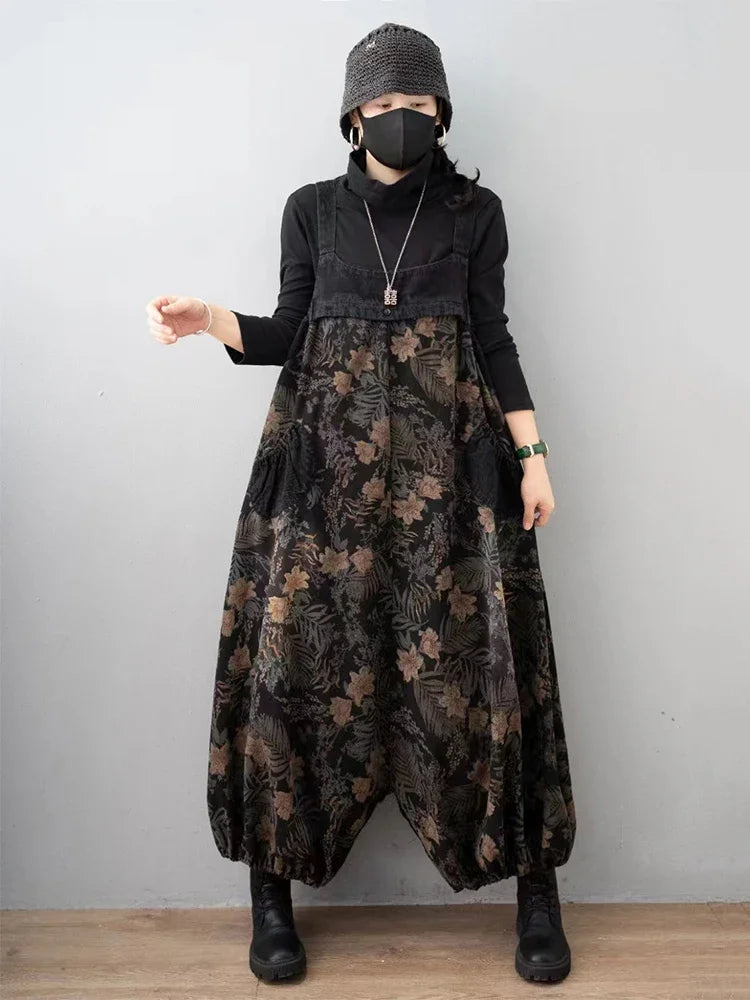 Spring Vintage Streetwear Womens Plus Size Printed Jeans Denim Overalls Ladies Floral Harem Pants Casual Trousers 001 One Size