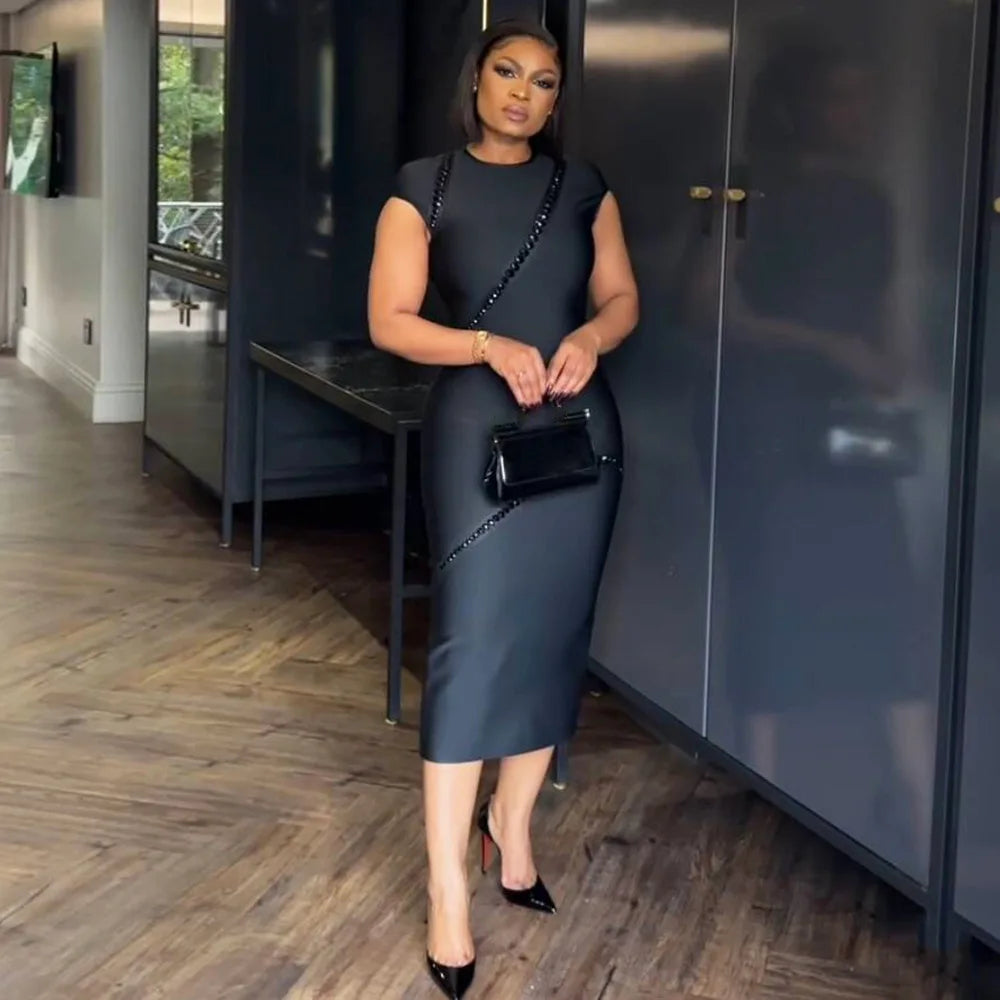 2025 New Summer Women Short Sleeve Sexy Shinning Crystal Bodycon Mid-calf Bandage Dress Celebrate Evening Party Birthday Outfit