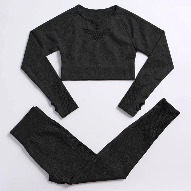 2PCS Seamless Women Sports Suits Yoga Set Workout Sportswear Gym Clothing Fitness Long Sleeve Crop Top High Waist Leggings ShirtsPantsBlack