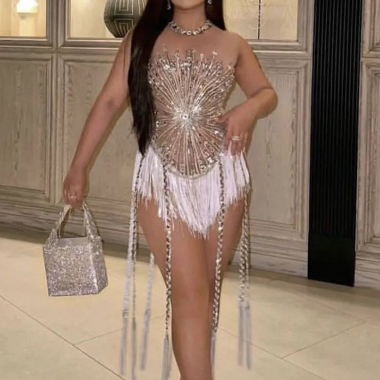Sliver Sequins Shining Diamonds Long Tassel Sleeveless Mini Dress High Quality Evening Dress Woman Birthday Party Outfit