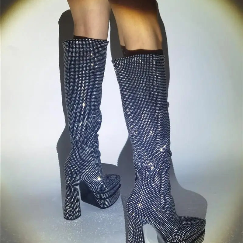 Street Style Women Knee High Boots Crystal Platform High Heel Fashion Rhinestone Boots Ladies Wedding Strass Shoes High Heels