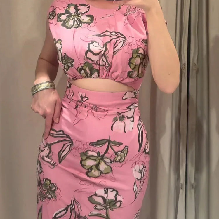 TRAFZA Women Summer Dresses Pink Print O-Neck Sleeveless Hollow Out Decorate Slit Zipper Female Fashion Bohemian Style Dress