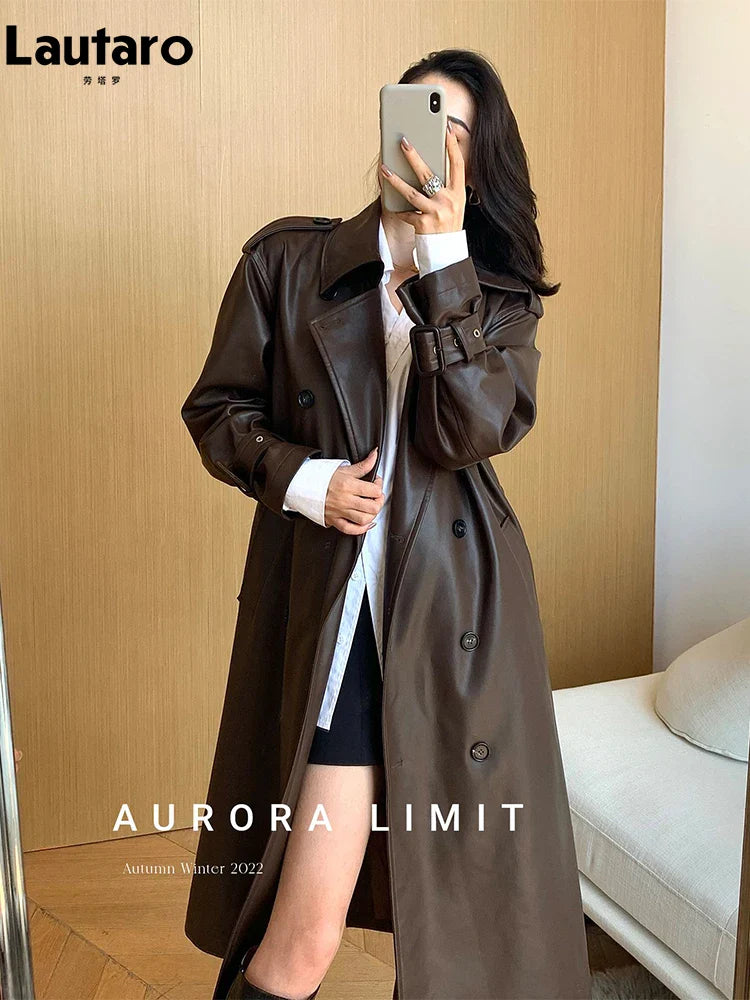 Spring Autumn Long Loose Brown Pu Leather Trench Coat for Women Belt Double Breasted American and European Fashion 2023