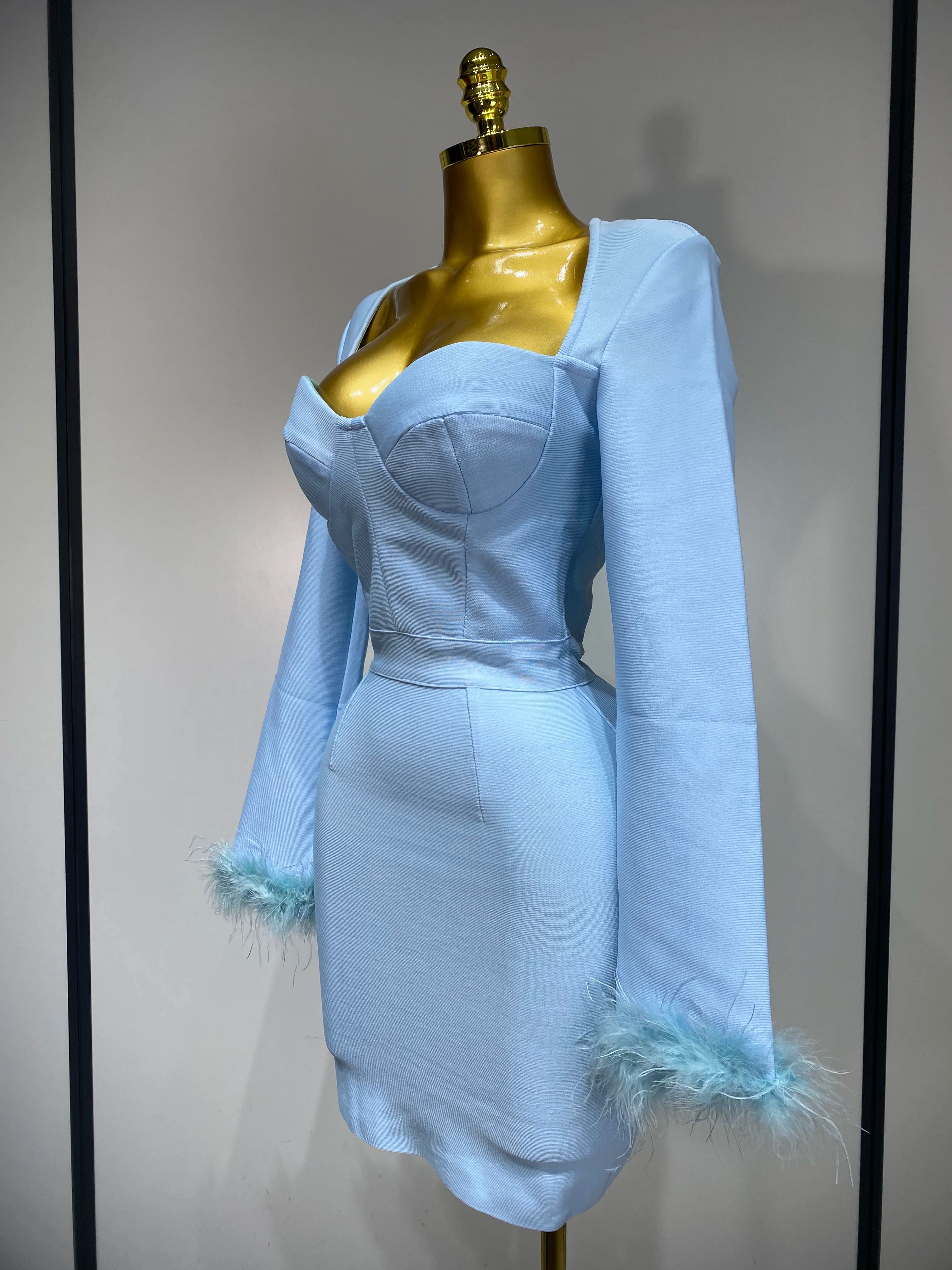 Women Fashion Sexy Long Sleeve Feathers Mini Bodycon Bandage Dress 2025 Elegant Evening Party Club Luxury Birthday Dresses