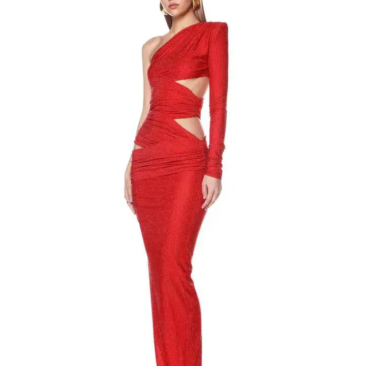 Shinning Rhinestones Women Sexy One Shoulder Bodycon Long Dress Wedding Memaid Party Celebrate Cocktail Dress Vestido