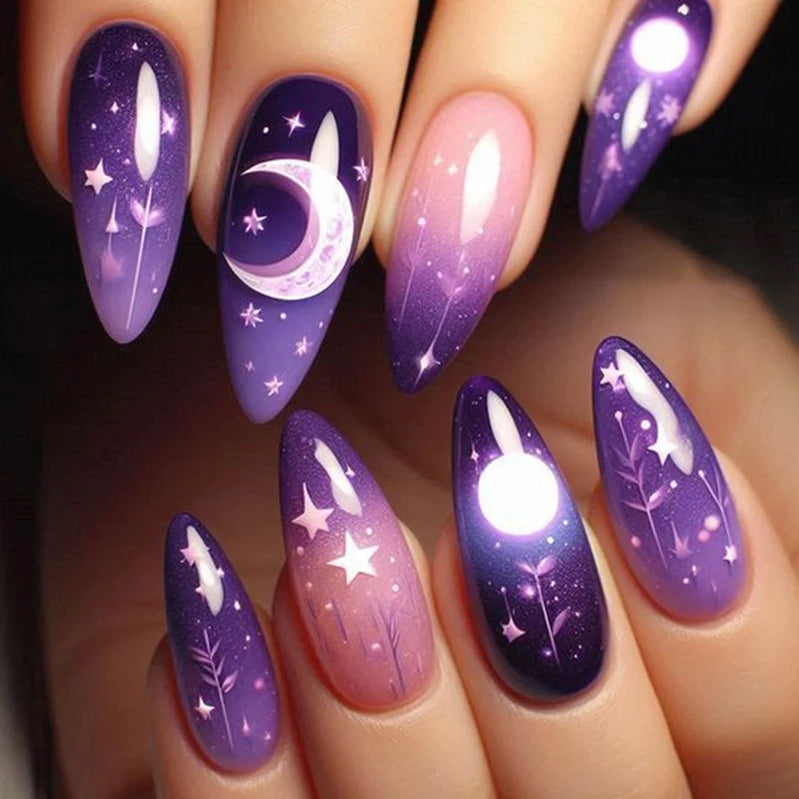 24pcs/set medium long fake nails for women starry star moon planet gradient glitter design almond ballet tip press on false nail