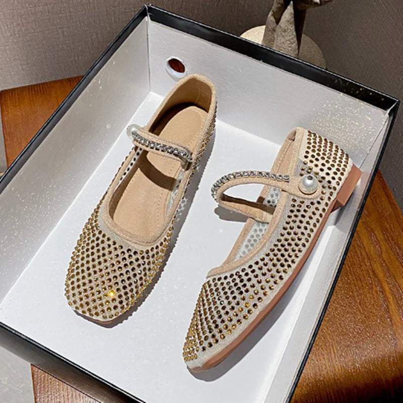 Sapatos baixos de malha com cristais e pérolas, bico quadrado, sapatos femininos luxuosos para escritório, tamanho grande, sapatos Mary Jane, primavera 2025, sapatos individuais