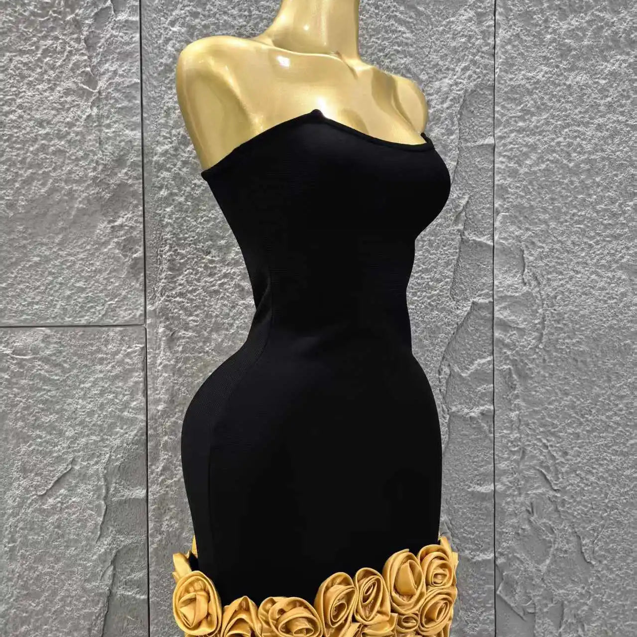 Vestido curto bandage preto dourado floral feminino, sexy, sem alças, justo, para festa de aniversário e férias