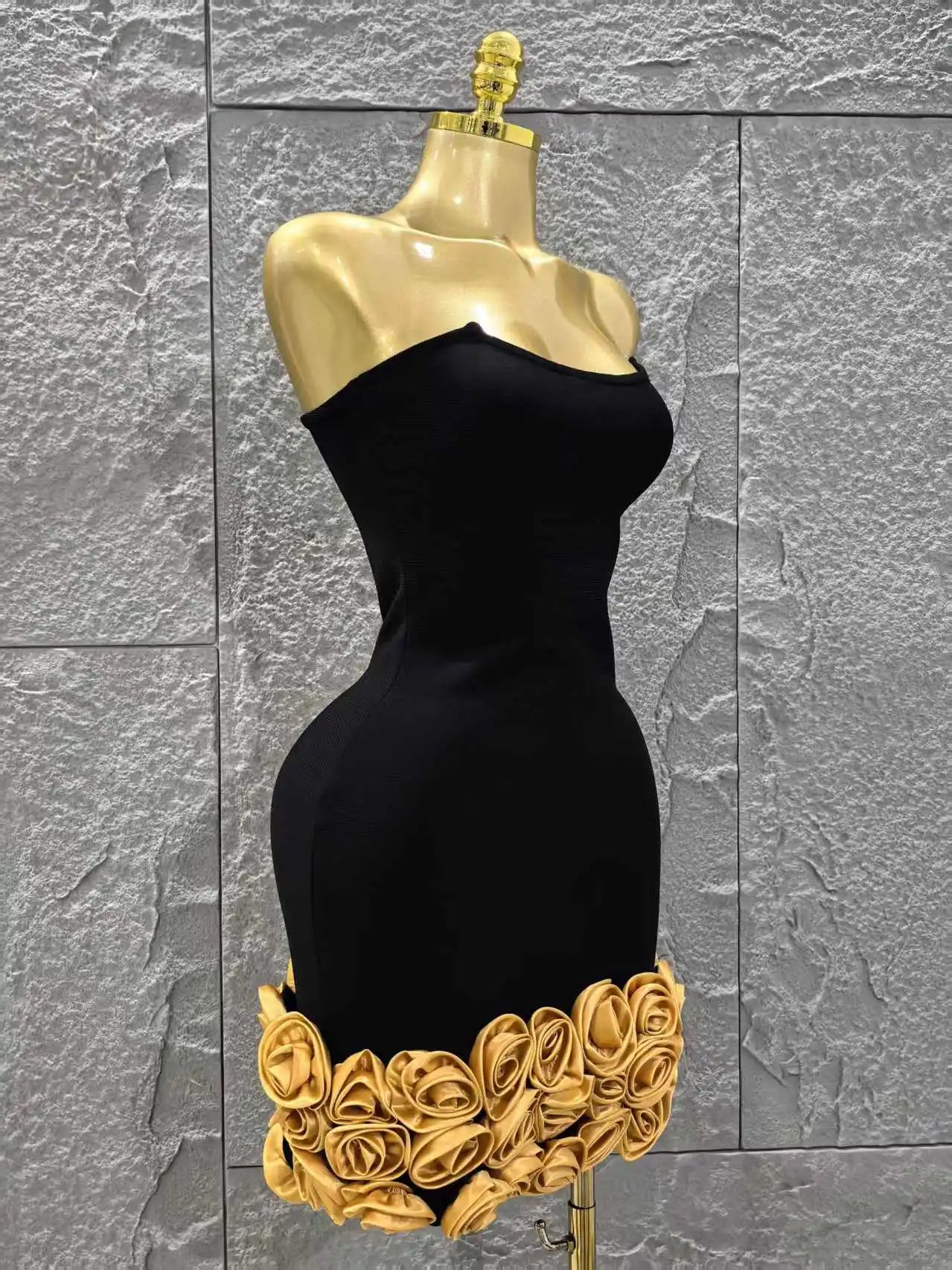 Vestido curto bandage preto dourado floral feminino, sexy, sem alças, justo, para festa de aniversário e férias