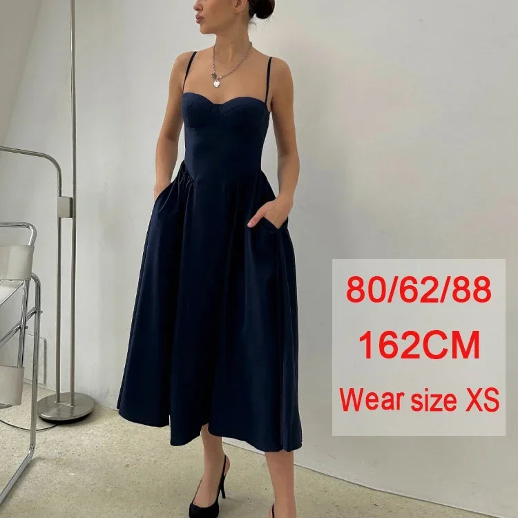 Suninheart Elegant Spaghetti Strap Midi Dress Slim A Line Party Dresses Navy Blue Casual Birthday Holiday Dress Women's clothing