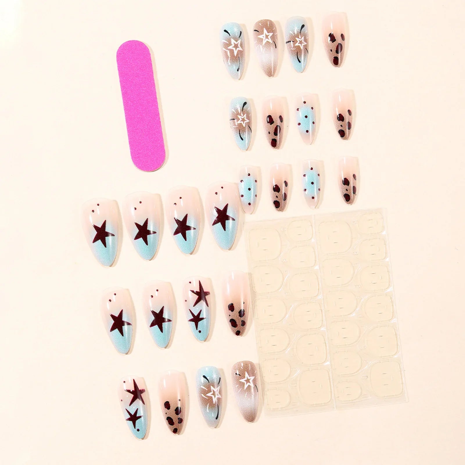 24Pcs Almond Fake Nails with Leopard Printed Y2K Girls Charm Manicure Gradient Color Press On Nails Star/Dot Designs Nails Art