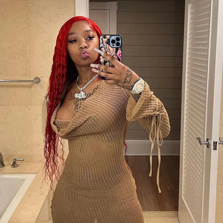 WannaThis Knitted Cutout Deep V-Neck Long Sleeve Ruched Dress Women Sexy Fashion Round Neck Backless Wrapped Woven Mini Dress