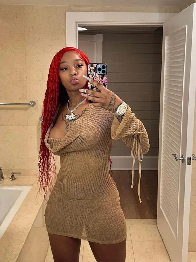 WannaThis Knitted Cutout Deep V-Neck Long Sleeve Ruched Dress Women Sexy Fashion Round Neck Backless Wrapped Woven Mini Dress