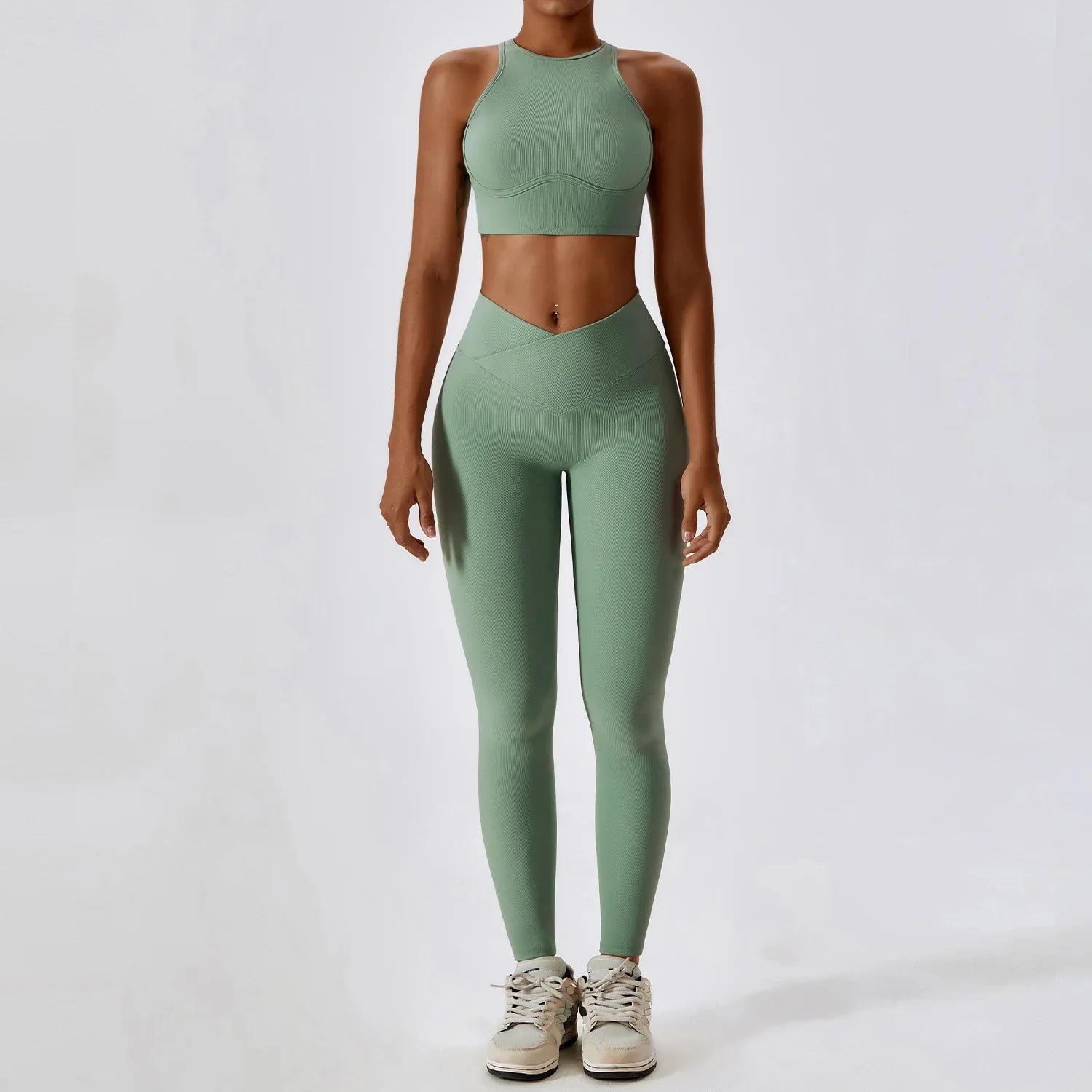 2PCS Seamless Yoga Set Gym Clothes Sportswear Yoga Suits For Women Fitness Rib Tracksuits Sports Bra Gym Leggings Sports Suits Basil Green Set-4 CHINA