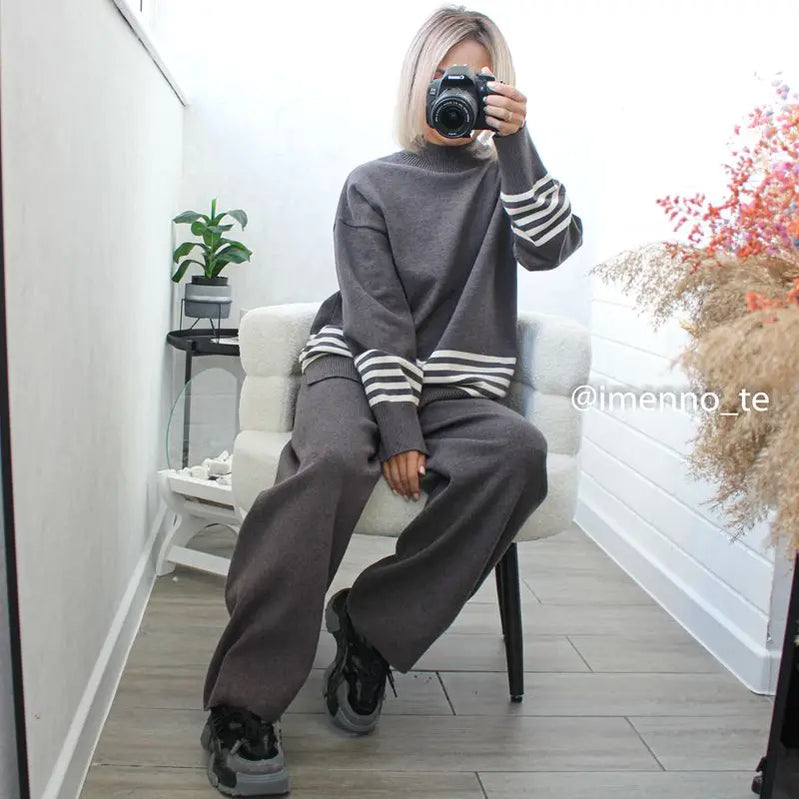 GIGOGOU Euro Designer Autumn Winter Women Sweater Tracksuit 2 piece Set Oversized Ladys Knitwear + Wide Leg Pants Warm Suits