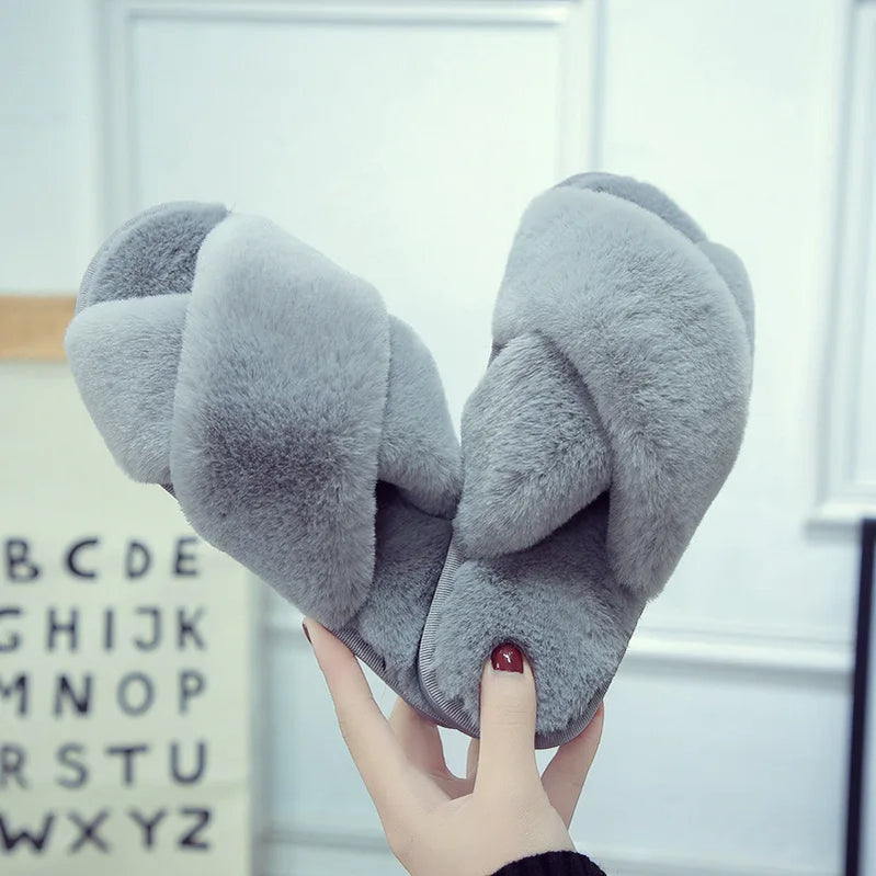 Winter Women Home Indoor Casual Slippers Female Flip Flops Fluffy Shoes Cross Design Slides Ladies Soft Warm Plush Slipper gray