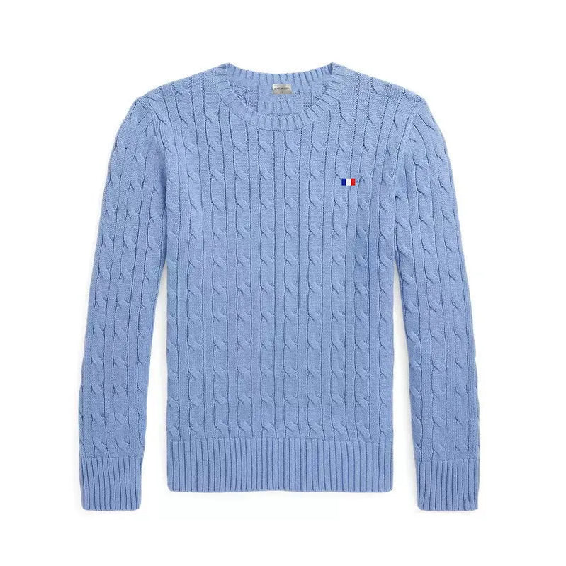 Brand Women's Clothing 2022 Early Loose O-Neck Knitted Sweater Cable Knitted Sweater 100% Cotton RL8519 Denim Blue