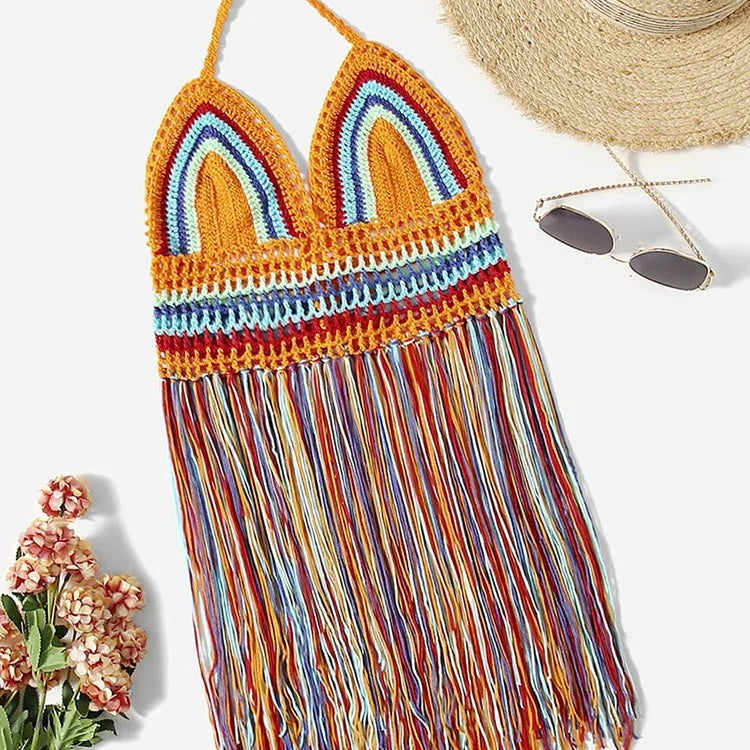 Crochet Hollow Out Tassel Beach Cover Up Sexy Women Mini Tops Beachwear Bikini Swimwear Bathing Suit Cover Up Orange One Size