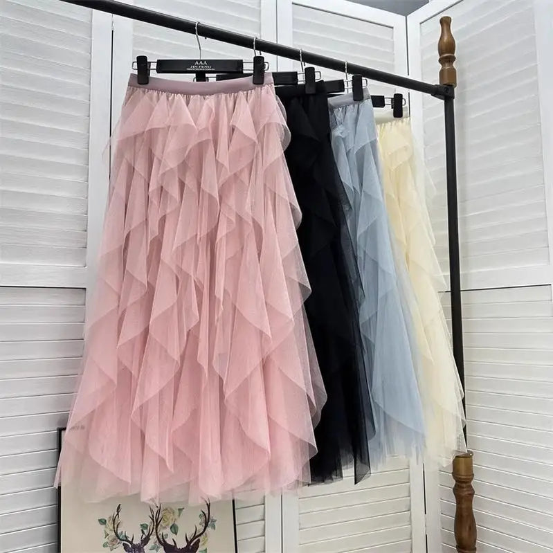 Long Maxi Skirt Women Fashion Korean Cute Pink High Waist Pleated Skirt Mesh Female Lady Aesthetic Faldas