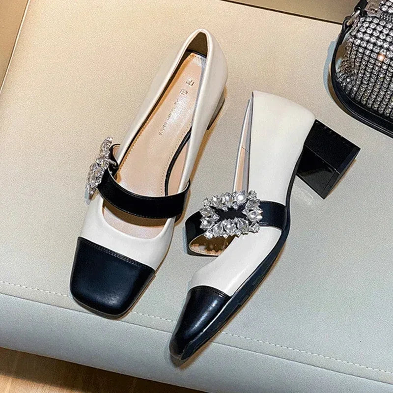 Mary Janes Mid Heels Shoes Women Luxury Crystal Shoes Summer Square Toe Lolita Zapatos Dress Chunky Elegant Pumps Femme Beige