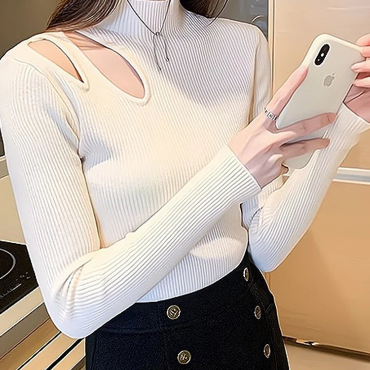 Knitted Sexy Hollow-out Turtleneck Women Sweaters Autumn Winter Jumper Tops Soft Warm Knitwears Female Pullovers Sweater Top