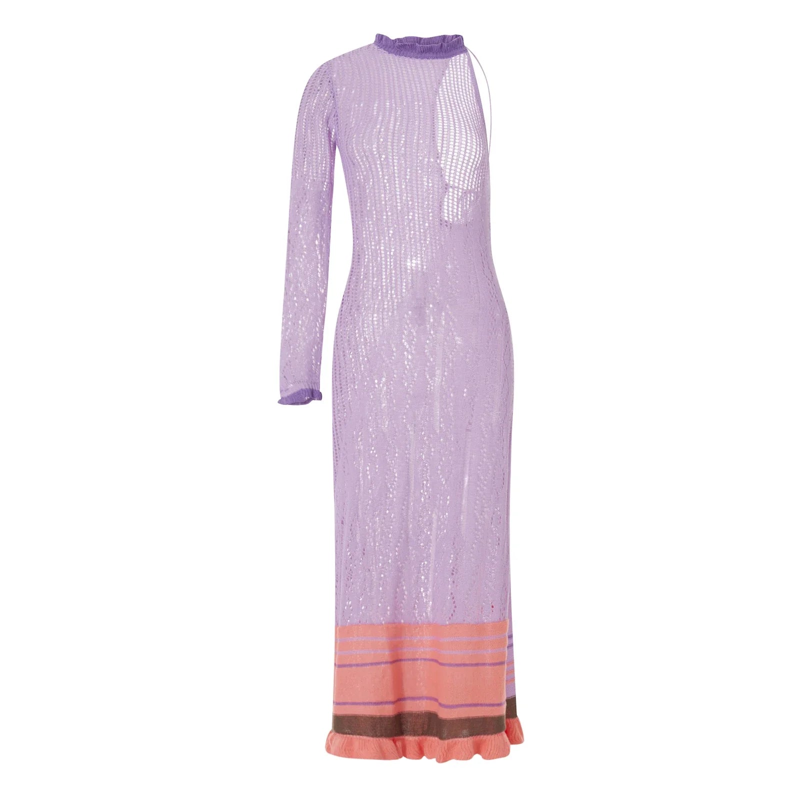 Women Sexy Y2k One Shoulder Long Sleeve Crochet Knit Long Dress Summer Beach See Through Party Grunge Club Cover Up Outfits PURPLE One Size