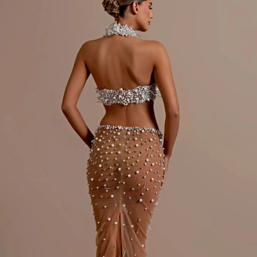 Fashion Women Sexy Off the Shoulder Pearl Beading 2 Pieces Bodycon Long Dress Mesh See Through Nightclub Party Celebrate Dress