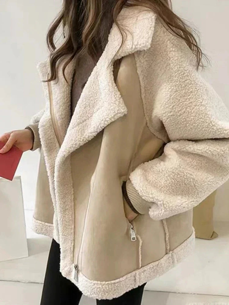 Spring Women's Coat Fashion Imitation Lamb Wool Long Sleeved Loose Top Temperament Vintage Casual Patchwork Soft Jacket Beige