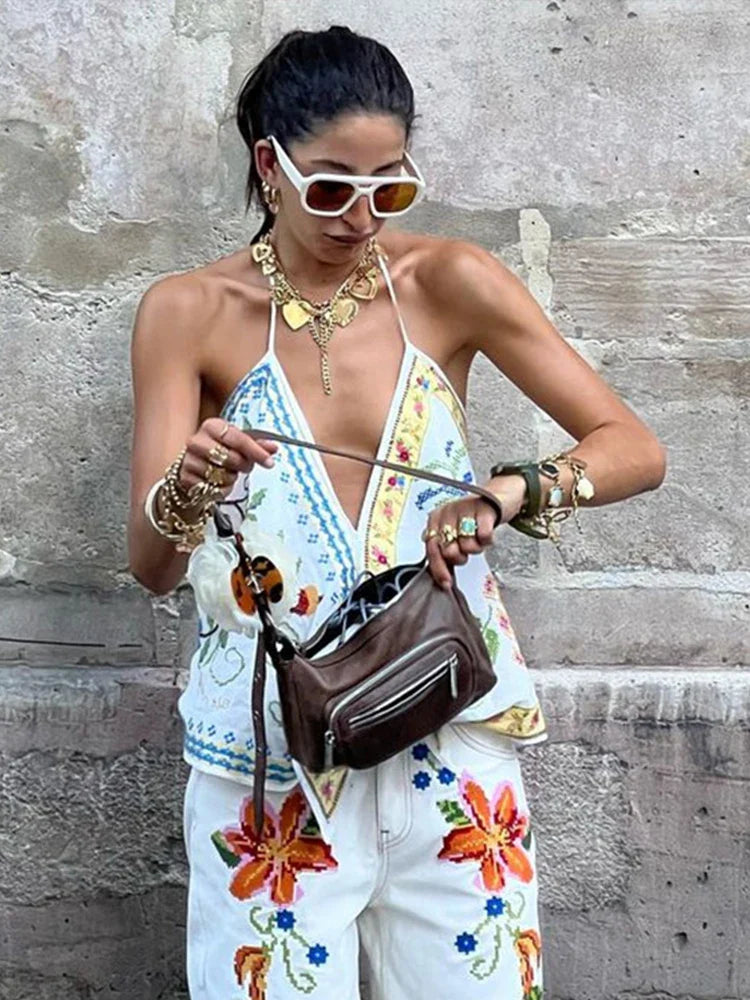 Beach Print Tank Top Pants Sets Women Fashion Halter Backless Sleeveless Vest Wide Leg Zipper Pants 2 Pieces Set Female 2024