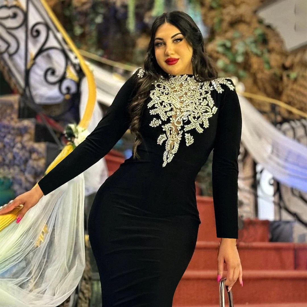 Sparkly Crystal Women Long Sleeve Sexy O-Neck Bodycon Long Bandage Dress Celebrate Elegant Evening Party Outfit