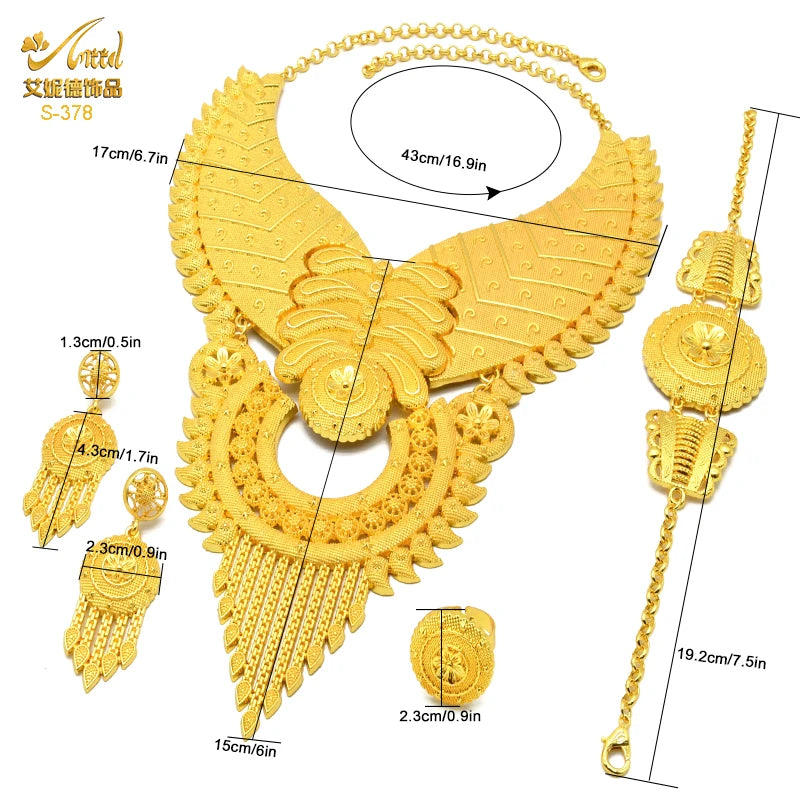 Indian Big Plated Gold Jewelry Women Necklace Sets Dubai African Party Bridal Wedding Gifts Arabic Necklace Jewelry Sets