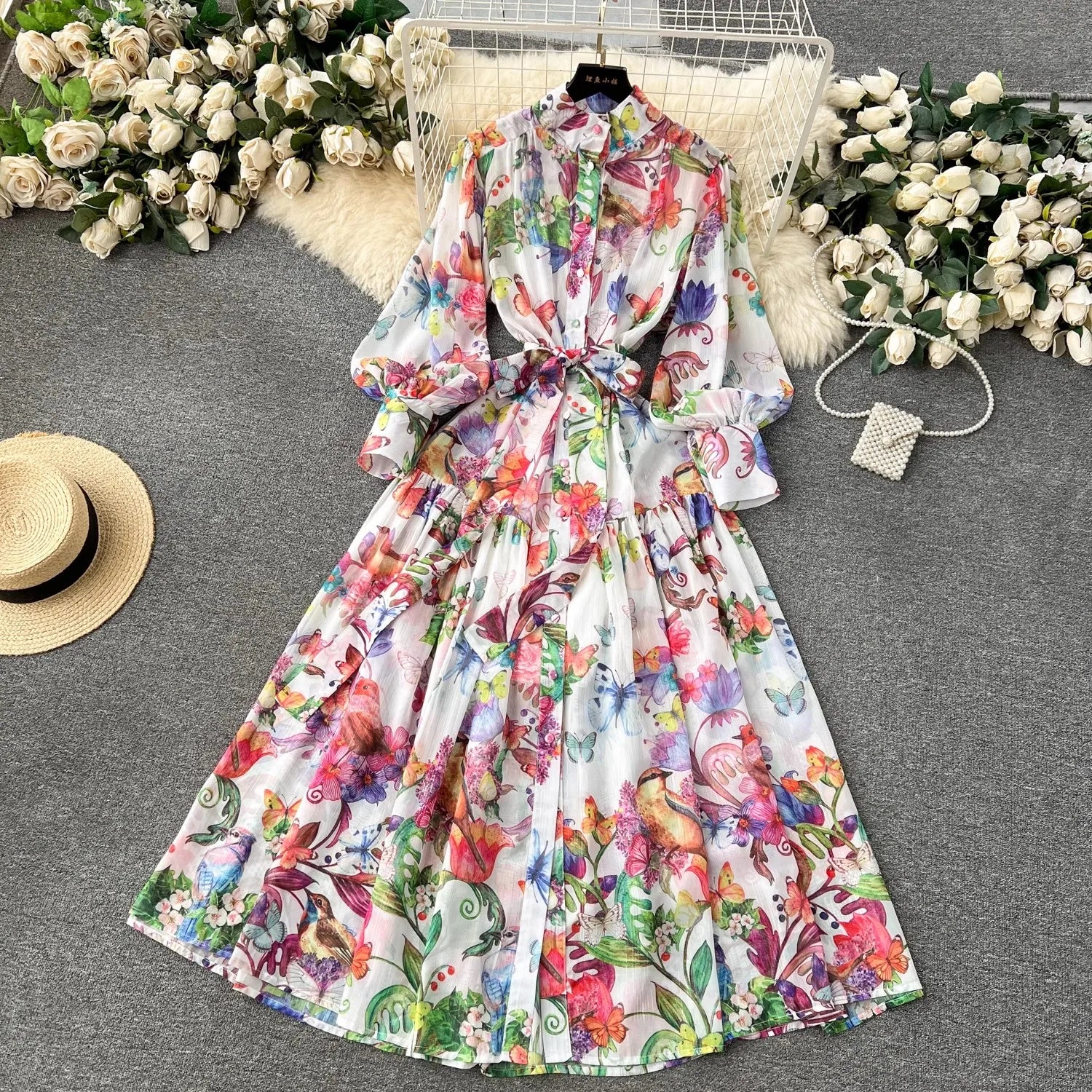 Bohemian Floral Chiffon Summer Dresses for Women Runway Stand Lantern Sleeve Belt Beach Holiday Long Vestidos Boho Robe 2056