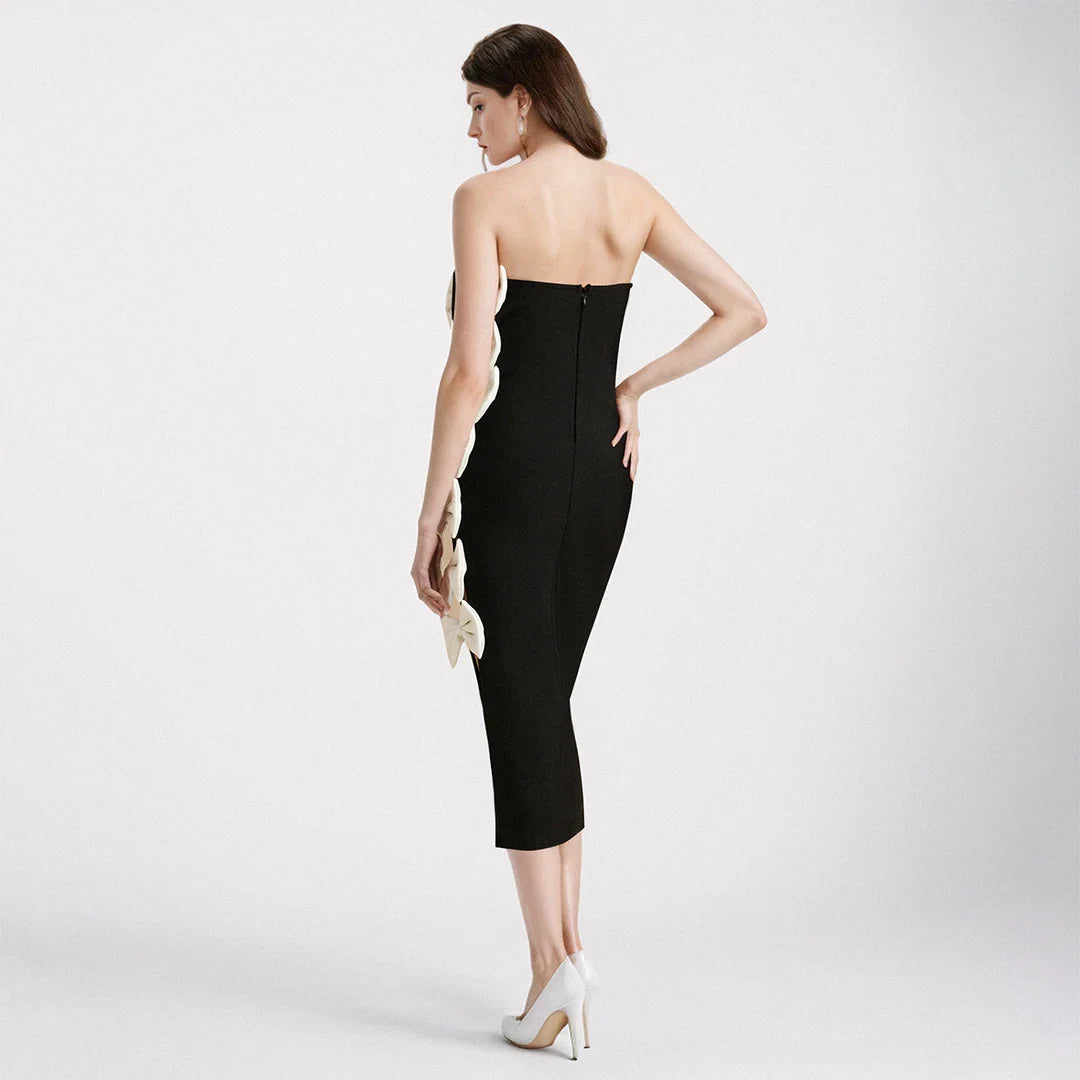 Black Color Women Sexy Strapless Side Bow Hollow Out Bodycon Bandage Midi Dress Nightclub Party Celebrate Evening Dress