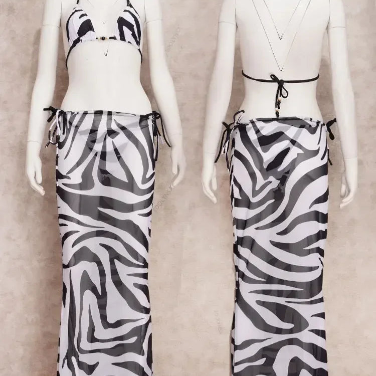 EDOLYNSA Sexy Zebra Stripes 3 Pieces Bikini Set Summer Beach Wear Triangle Bikinis Swimsuit Skirt Swimwear Cover-up A1554