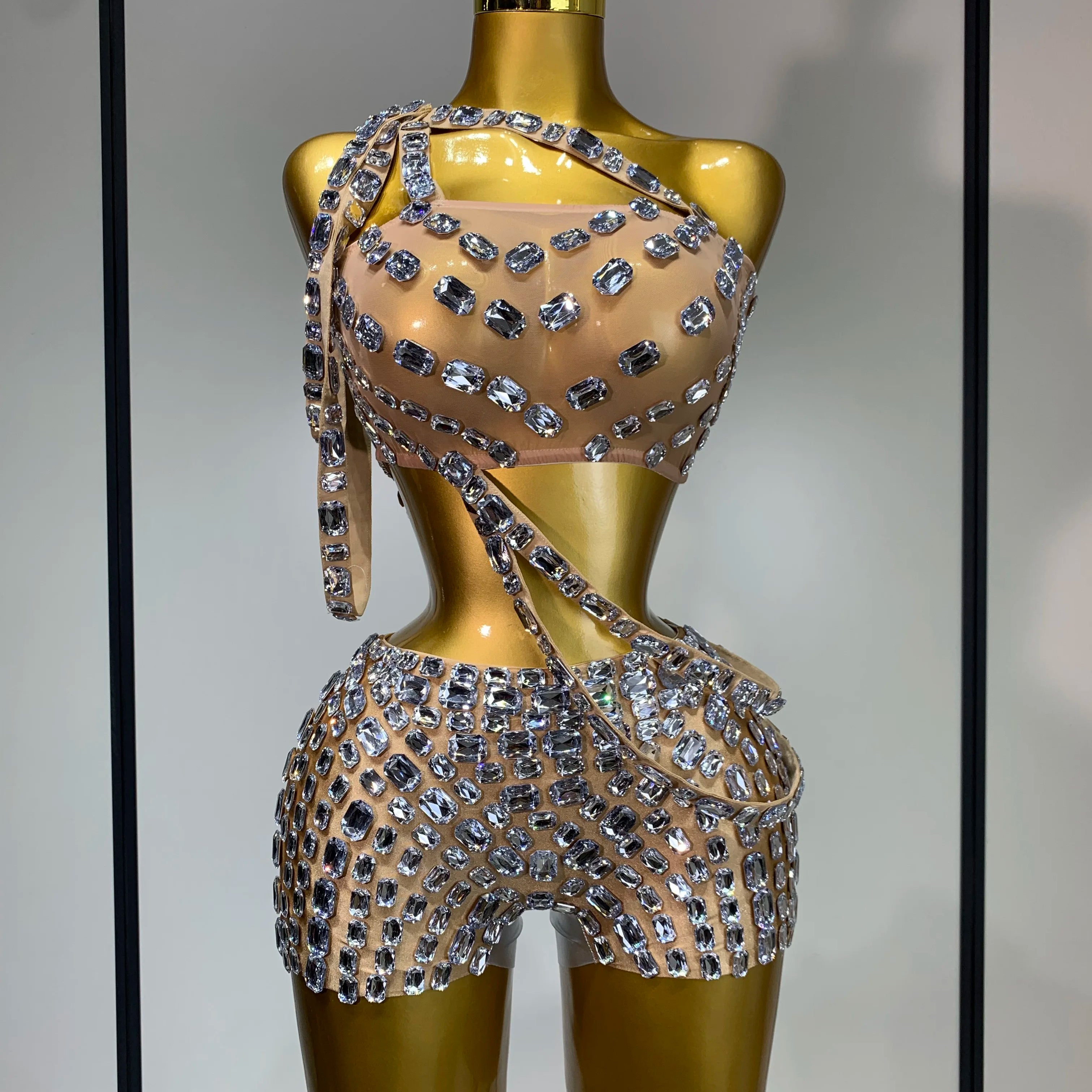 Luxury Diamonds Sexy Mesh Perspective Two Pieces Outfit Performance Dancer Singer Costume Nightclub Women's Set Birthday Wear