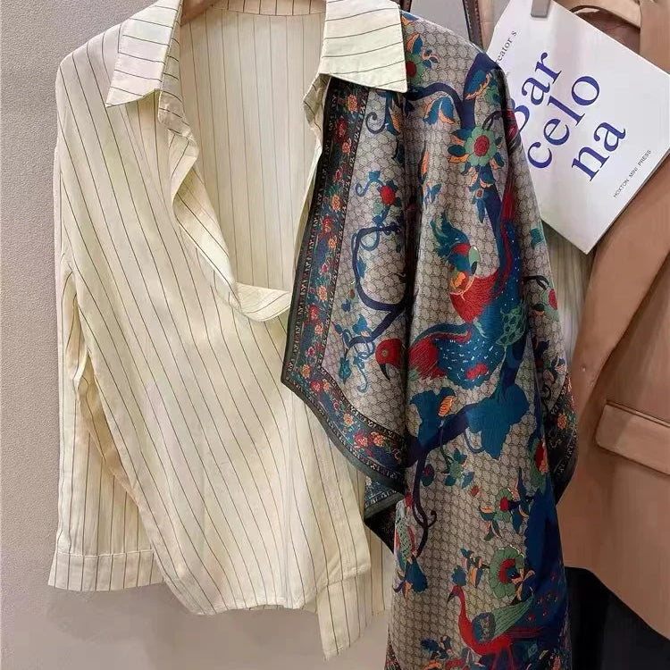 BYSIFA| New Grey Blue Silk Scarf Fashion Floral Design 70cm Square Scarves Fall Winter Neck Scarf Hijab Sweet Headband 65*65cm