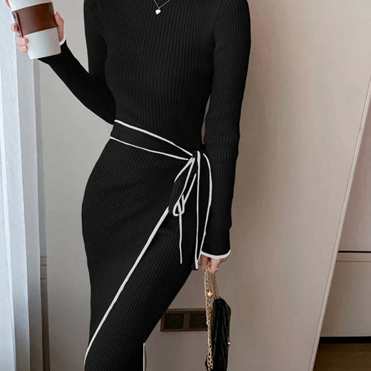 Women Knitted Dress New Autumn Winter Slim Lace-Up Long Sleeve Bottoming Sweater Skirt Elegant Fashion Office Female Vestidos