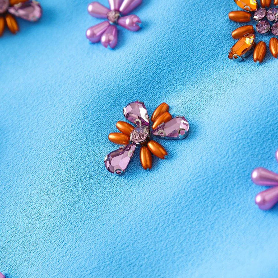 TWOTWINSTYLE Solid Slimming Spliced Bead Luxurious Dresses for Women Square Neck Long Sleeves Temperament Dress Female Clothing