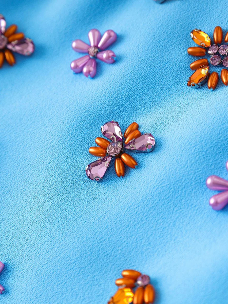 TWOTWINSTYLE Solid Slimming Spliced Bead Luxurious Dresses for Women Square Neck Long Sleeves Temperament Dress Female Clothing