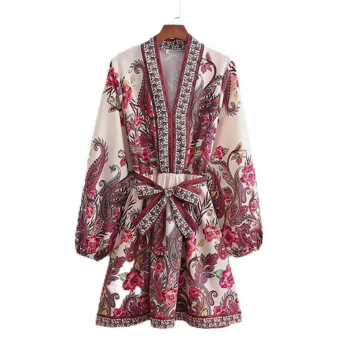 Printed Mini Dress Women Spring Clothing Full Sleeve Belt Vestidos Modern Girl Casual Wears
