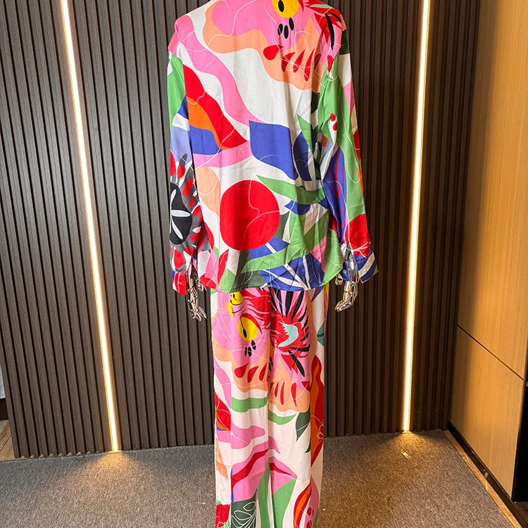 ZARATRASnew summer women's new trousers suit lapel loose silk texture shirt + positioning printed wide leg pants