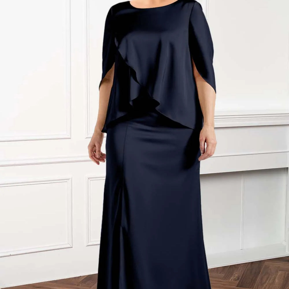 Women's Dress Plus Size Party Wedding Guest Cocktail Fake Two Piece Satin Asymmetric Cloak Sleeve Elegant Layered Maxi Dresses