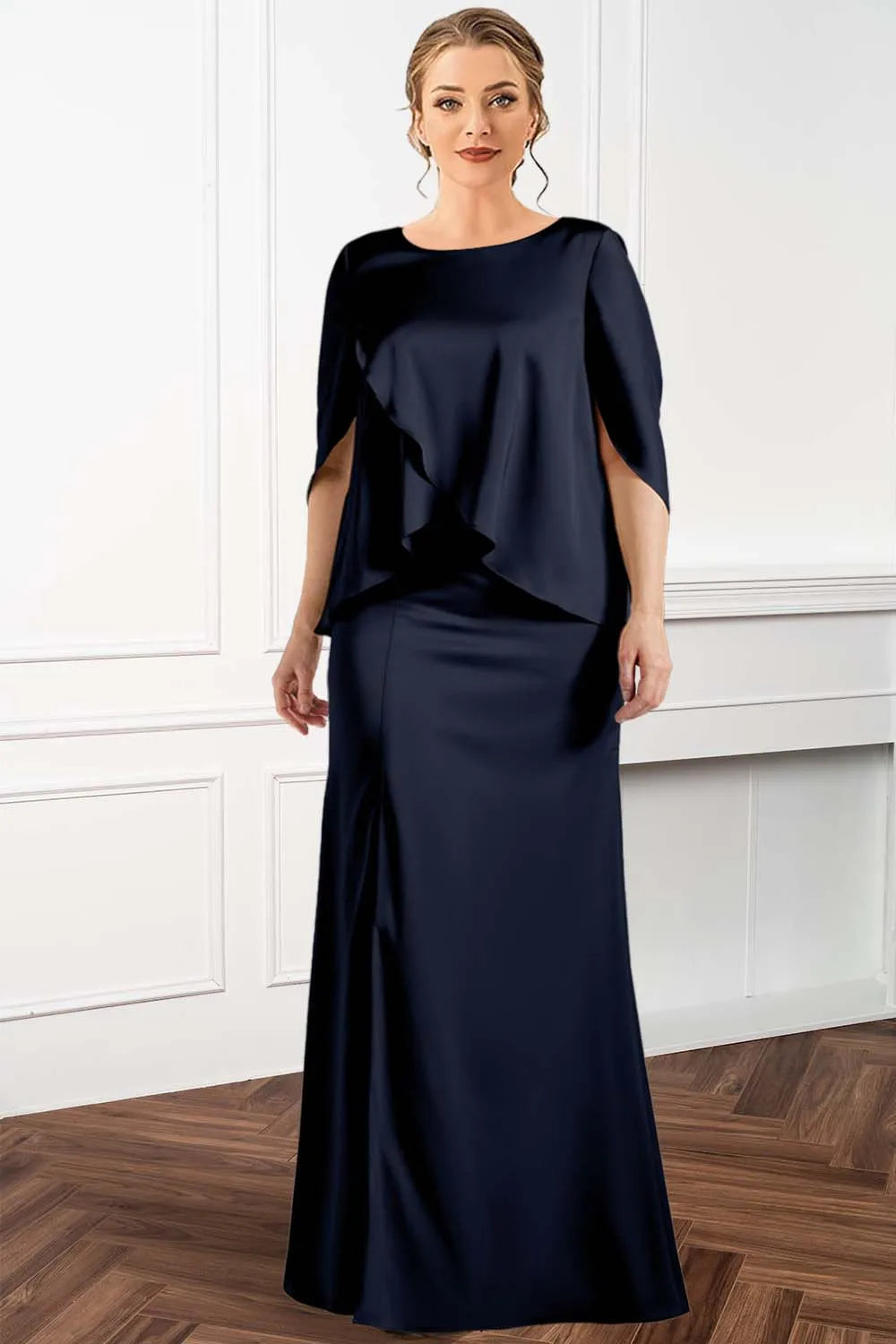 Women's Dress Plus Size Party Wedding Guest Cocktail Fake Two Piece Satin Asymmetric Cloak Sleeve Elegant Layered Maxi Dresses